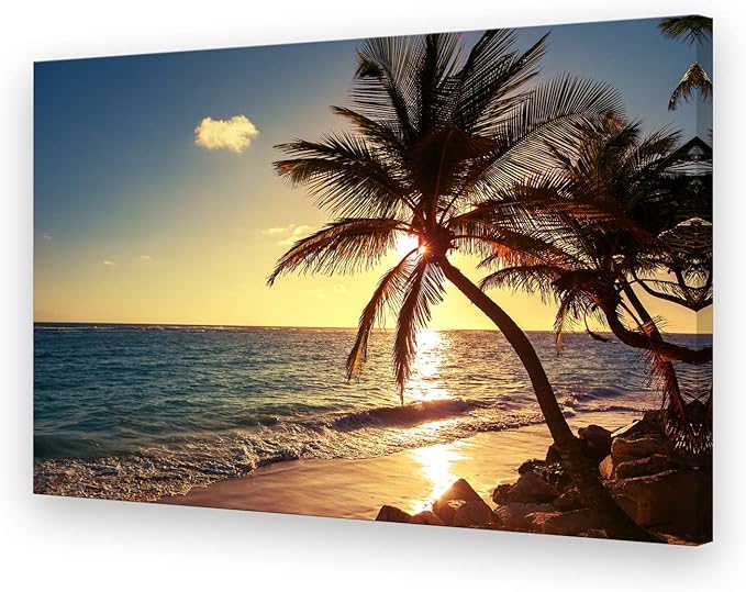 Muolunna S04969 Wall Art Decor Large Canvas Print Picture Sunset Ocean Beach Waves 1 Panel Coconut tree Scenery Painting Artwork for Office Home Decoration Stretched and Framed Ready to Hang XLarge