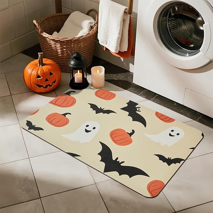 Halloween Bath Mat, Thin Bathroom Rug Non Slip Quick Dry Pumpkin Bath Mat Fits Under Door Thin Floor Mat Halloween Decor, 17''x30'', Pumpkins Bats and Ghost