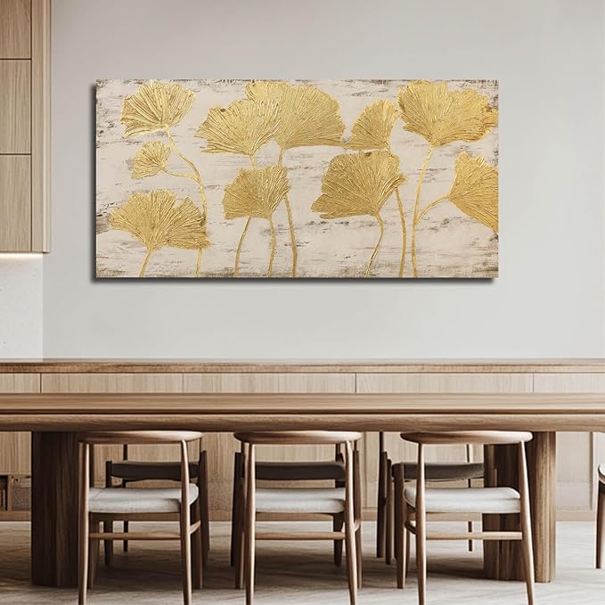 Gold Wall Decor Leaf Wall Art Large Photo Pictures Canvas Wall Decorations for Living Room Artwork for Girls Room 24"x48"