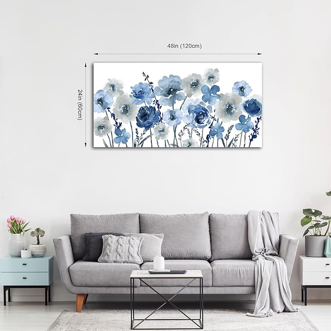VEAEE Flowers Canvas Wall Art - Indigo Floral Canvas Pictures Living Room Wall Decor Botanical Canvas Prints Painting Abstract Artwork Bedroom Office Home Decor 24"x 48"