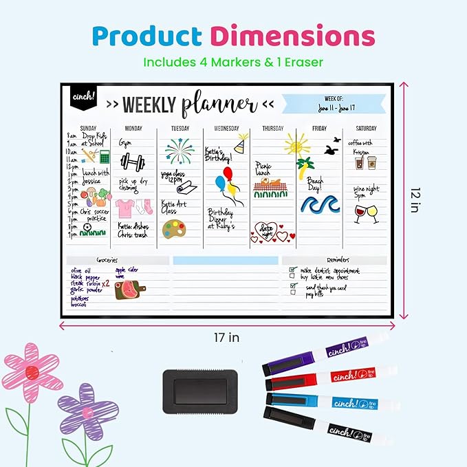 Cinch! Weekly Planner - 17x12-Inch Magnetic Weekly Calendar for Fridge and Meal Planner - Stain Resistant Dry Erase Whiteboard with 4 Fine Tip Markers and Eraser for Easy Scheduling