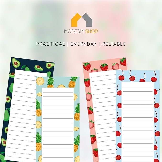 4 Large Magnetic Notepads – Big Notepads for Grocery List, Shopping List, To-Do List, Reminders -Strong Magnetic Back- Memo Pads with Realistic Fruit Designs | 60 Sheets per Pad 9 x 3.5 inch (4 Pack)
