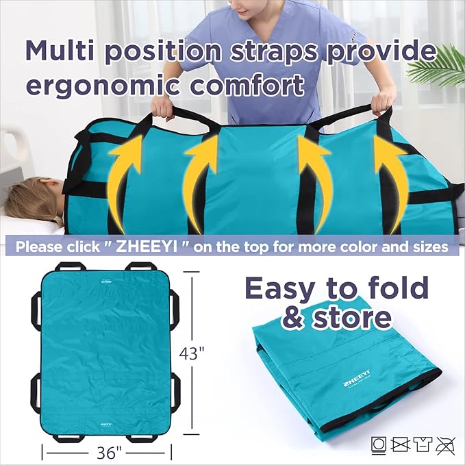 Positioning Bed Pad with Reinforced Handles 43" x 36" Patient Transfer Sheet Aid Assistant for Body Lifting, Turning, Repositioning, for Elderly, Incontinence, Caregiver, Peacock Blue