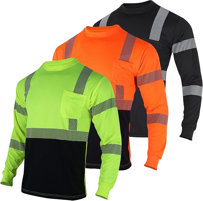 VENDACE 3pcs Safety T Shirts Reflective High Visibility Hi Vis Long Sleeve Construction Work Shirts for Men Class 3