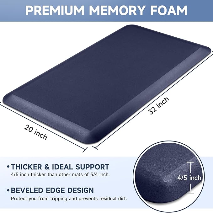 4/5 Inch Thick Kitchen Mats for Floor, StepRite Kitchen Rug for Standing Desk, Non-Slip, Thicker, Stain & Water Resistant, Comfort Anti Fatigue Floor Mat for Home, Kitchen, Office - Blue,32 * 20''
