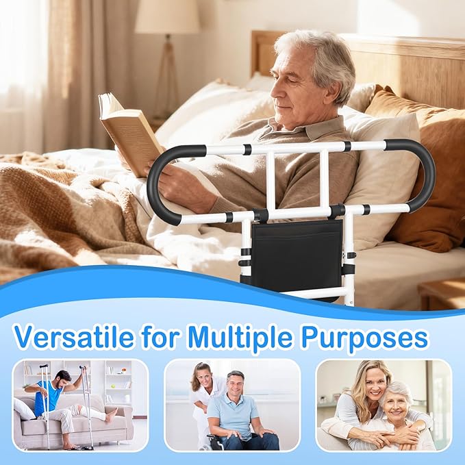 Bed Rails for Elderly Adults Safety, Bed Cane for Seniors, Adjustable Height Grab Bar Handrails with 2 Ergonomic Handles and Storage Pocket, Support up to 300 lbs, 180° Foldable Assist Rail