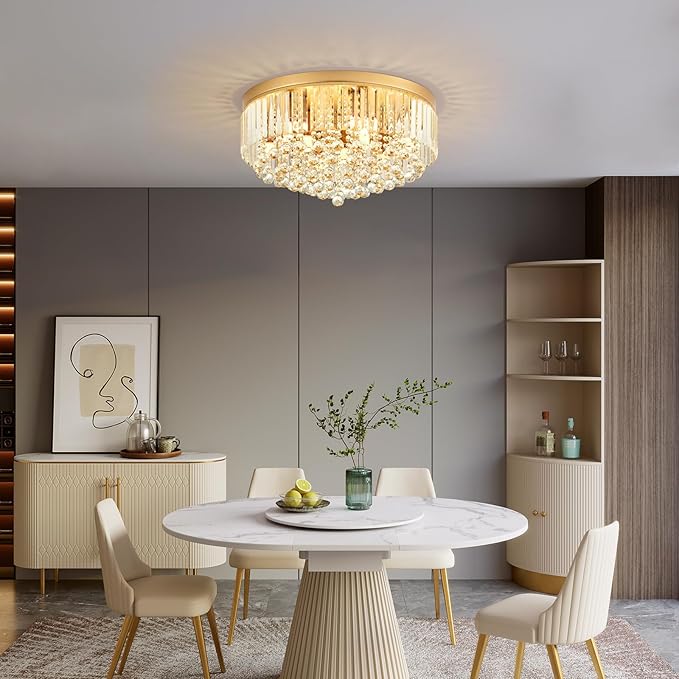 9-Light Gold Crystal Chandelier Contemporary 22'' Modern Semi Flush Mount Crystal Hanging Light Sparkling Decoration for Bedroom Entryway Living Dining Room Kitchen Island Hallway