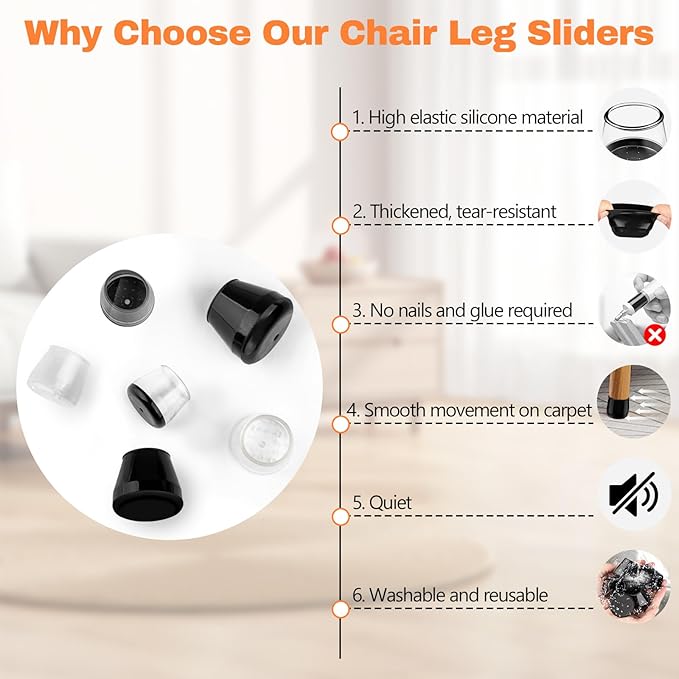 28pcs Chair Leg Protectors for Carpet Rug, Round Chair Feet Glides Covers Caps Furniture Foot Sliders with Plastic Pads, Damage-Free Move on Carpets (Fit:7/8"~1-1/16", Clear)