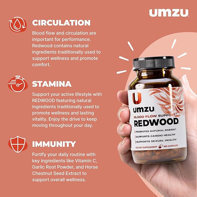 UMZU Redwood Blood Flow Nitric Oxide Supplement for Men & Women, Blood Pressure, Circulation, Stamina, Energy (30 Day Supply | 180 Capsules)