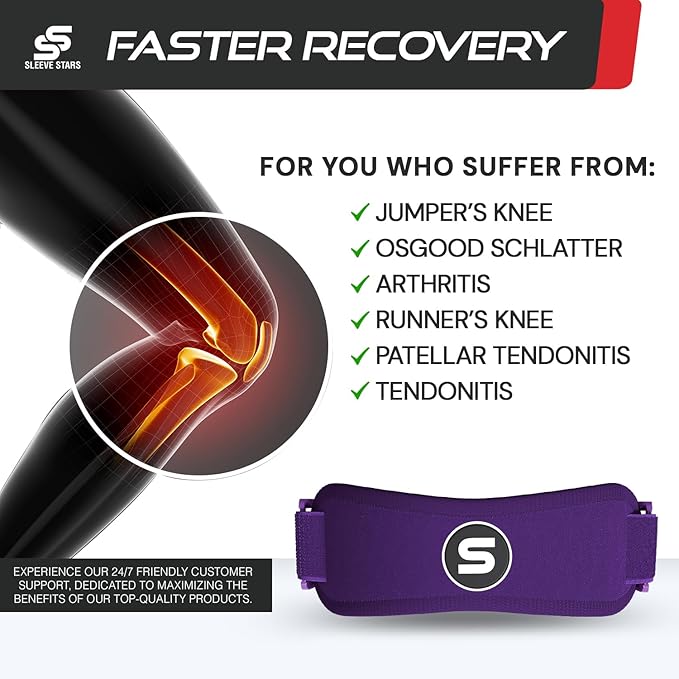 Sleeve Stars Swedish Brand Patellar Tendon Support Strap for Women & Men Effective Osgood Schlatter Knee Brace Youth & Kids Knee Brace with 3 Adjustable Length fits 12"-24" (Single/Dark Purple/Adult)