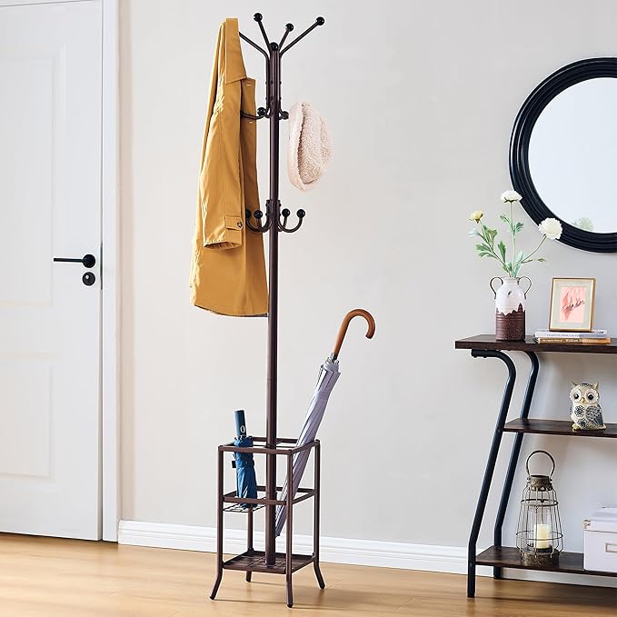 FAVOOSTY Coat Rack Freestanding,Coat Rack Stand with Umbrella Holder,Metal Coat Tree with 12 Hooks,Tree Clothes Hat for Entryway, Hallway, Bedroom, Living Room & Office -Brown