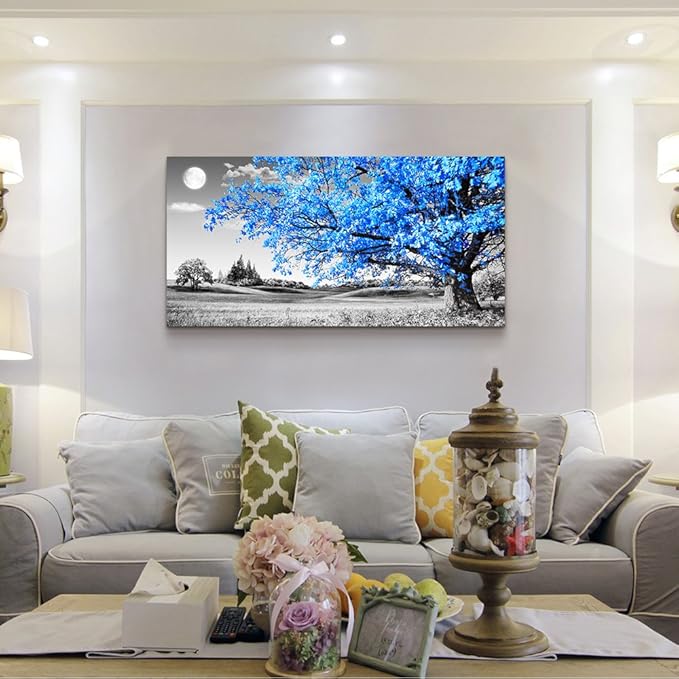 Lapremoly Canvas Prints Wall Art For Living Room Large Wall Decor For Bedroom Blue Tree Landscape Abstract Painting Office Wall Decoration Black and White Picture Modern Ready To Hang Home Wall Art