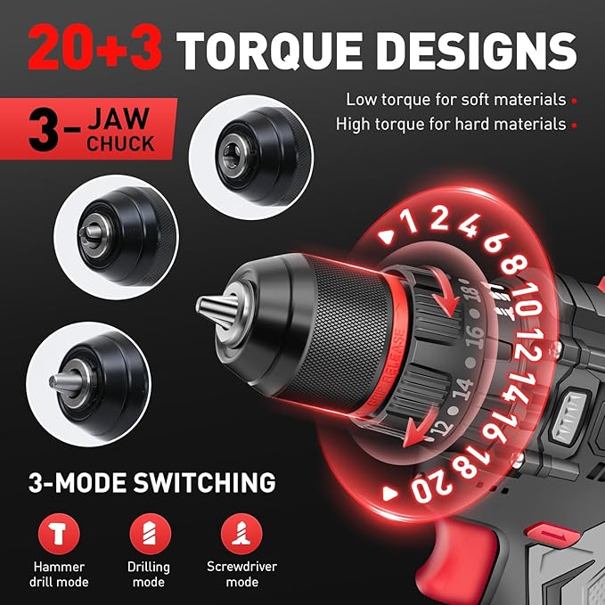 Cordless Drill Set, 16V Electric Power Drill with 2 Batteries, 398 In-lb Torque, 2-Speed & 20+3 Position Setting for DIY Home Improvement, 3/8" Keyless Chuck, LED Light