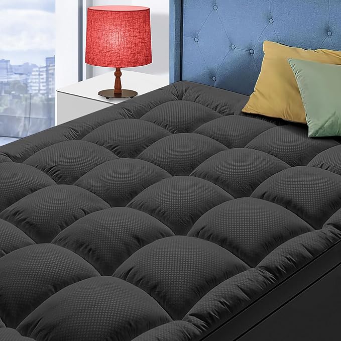 King Size Mattress Topper for Back Pain, Cooling Extra Thick Mattress Pad Cover with 8-21 inch Deep Pocket, Plush Pillow Top Mattress Topper Overfilled with Down Alternative, King Size, Black