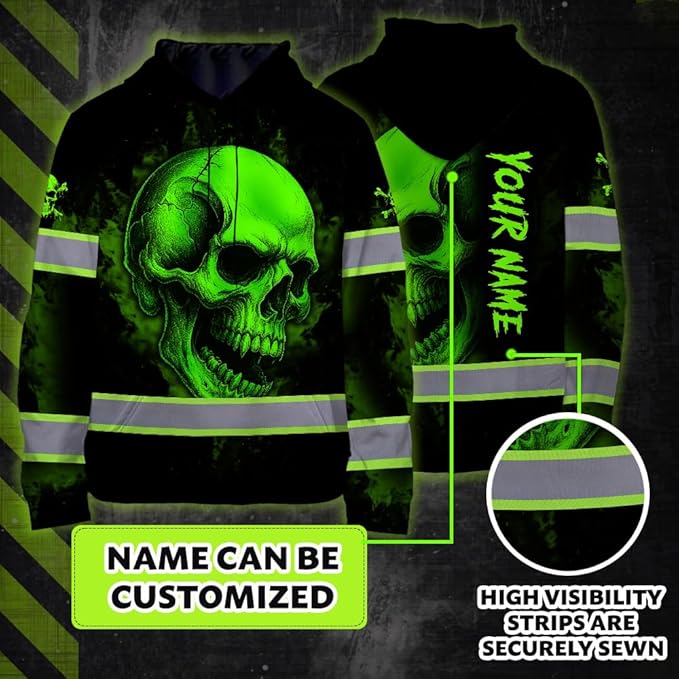 Matedecor Skull US Flag Reflective High Visibility Hoodie For Men Construction Hi Vis Safety Workwear Custom Name