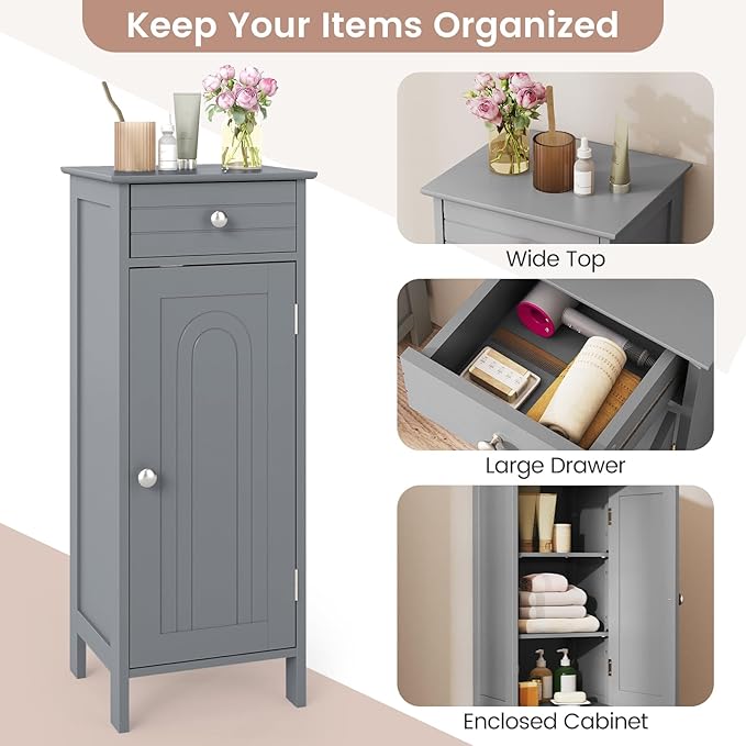 GLACER Floor Storage Cabinet, Multifunctional Bathroom Storage Cabinet with 2 Adjustable Shelves, Ideal for Bathroom, Living Room, 14 x 12 x 34.5 inches (Grey)