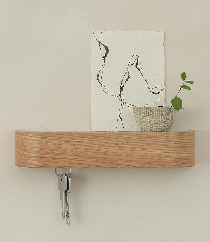 Kazai. Key Holder 'Toke' | Minimalist Key Hook Design from Berlin | Modern Key Holder Wall Mount with Wooden Shelf | Key Rack for Wall as Entryway Organizer | Oak