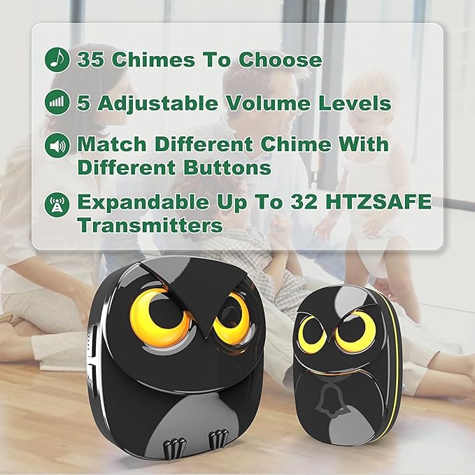 Wireless Doorbell, Cute Owl Doorbell Weatherproof IP55 Outdoor Remote Push Button- 1000 Feet Long Wireless Range, 1 Receiver + 1 Transmitter, Black