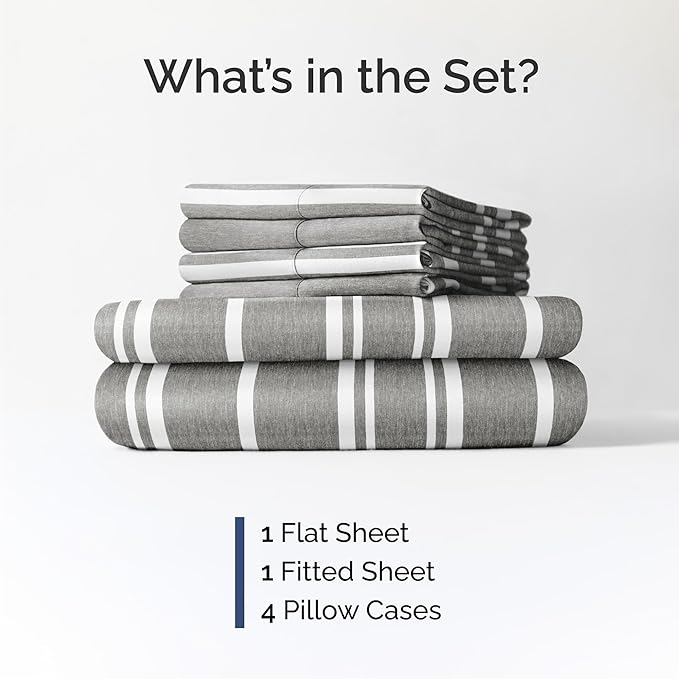 Cal King 6 Piece Sheet Set - Cooling and Breathable Bed Sheets - Hotel Luxury Bed Sheets for Women, Men, Kids & Teens - Deep Pockets - Easy Fit - Soft and Wrinkle Free - Cal King Grey Stripes Sheets