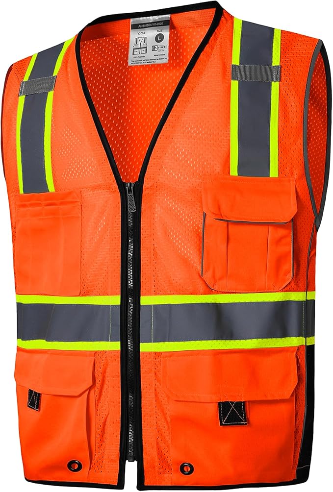 SKSAFETY 10 Pockets Hi Vis Safety Vest with Zipper - Class 2 Reflective Security Vest, ANSI/ISEA Standard - Construction Work Vest (Orange, 5XL)