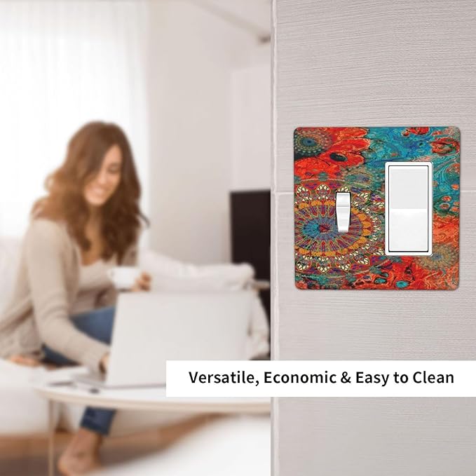 Abstract Ombre Colorful Indian Mandala 2 Gang Light Switch Covers Single Toggle Rocker Combination Wall Plate Cover Electrical Faceplate Decorative Switchplate for Livingroom Bedroom Bathroom Decor