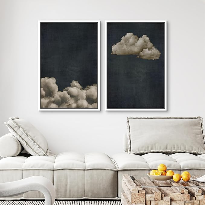 MUDECOR Framed Canvas Print Wall Art Vintage Cloudscape Dark Moody Sky with Floating Clouds Illustrations Modern Art Decorative Chic for Living Room, Bedroom, Office - 24"x36"x2 White
