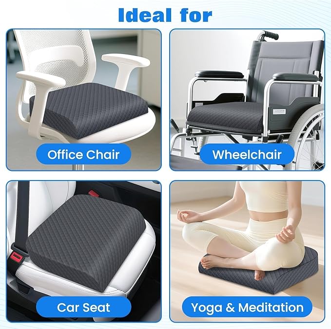 Seat Cushion, Memory Foam Chair Pad, Non-Slip Cushion for Office, Home, Car, Large Desk Chair Cushion, Washable Cover & Handle, Large, Grey