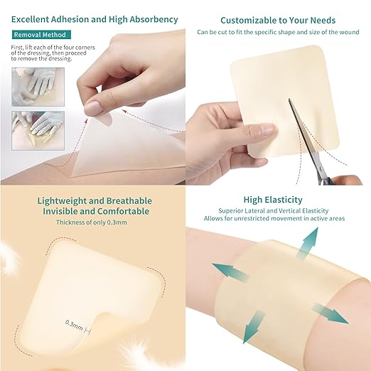 Dimora Hydrocolloid Wound Dressing, 10 Pcs Ultra Thin 4" x 4" Large Patch Bandages with Self-Adhesive, Fast Healing for Bedsore, Burn, Blister, Acne Care, Sterile and Waterproof