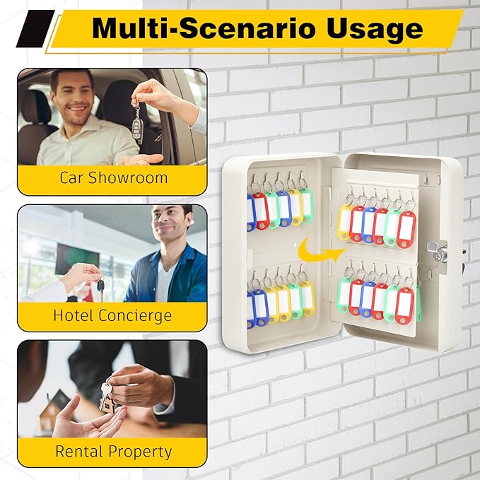 Ripeng 48-Keys Key Lock Box Wall Mount Steel Key Cabinet Lock Box Security Holder with Tags and Hooks Organizer Wall Safe Storage for Car Office Hotel House Rental Business, White