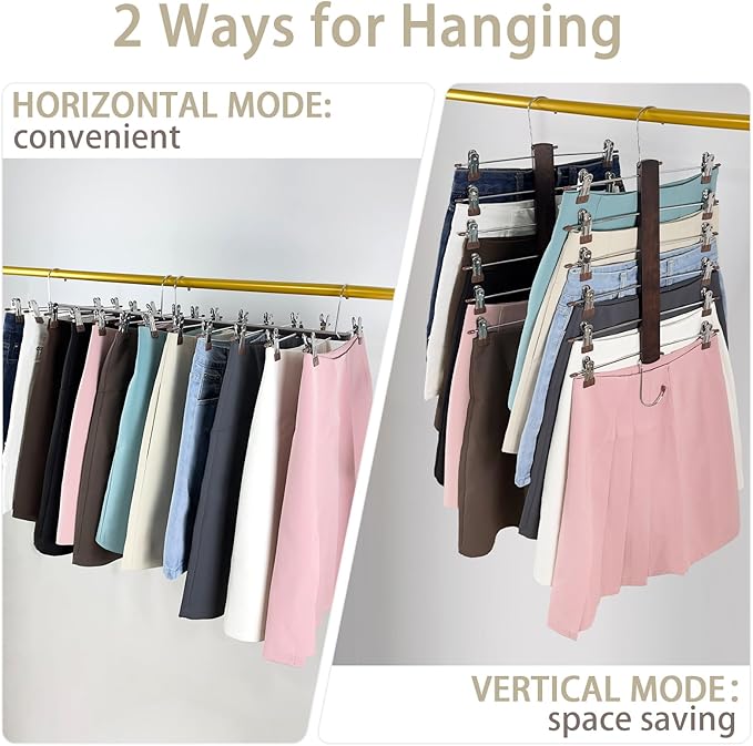Skirt Hangers Space Saving,6 Tier Closet Organizers & Storage,Wooden Magic Hanger & Hanger with Clips,Pants-Hangers-Space-Saving for Hanging Pants Shorts Scarf Jeans（4 Piece）