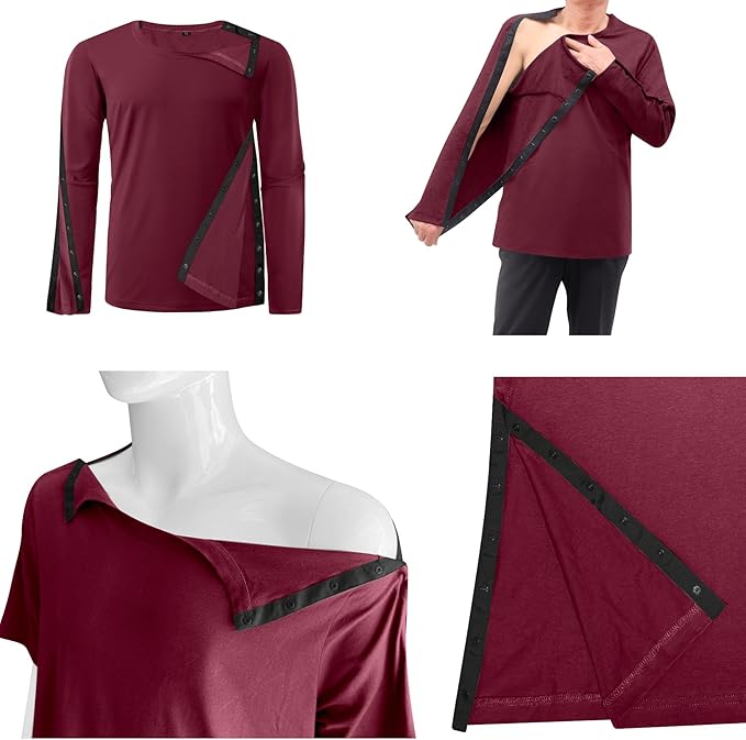 Unisex Post Shoulder Surgery Recovery Shirts - Full Tear Away Snap Long Sleeve Men Chemo Port Shirts for Men Women