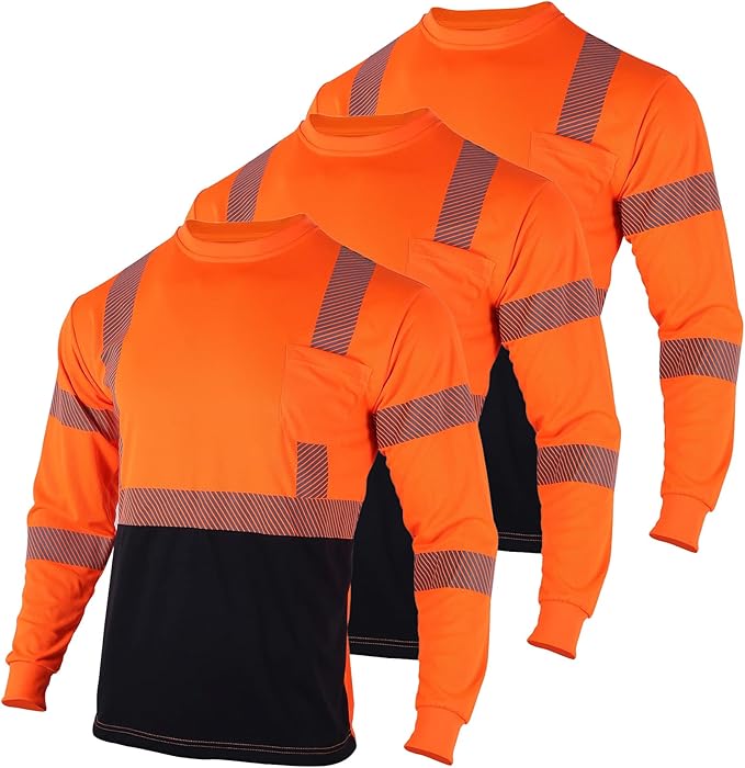 VENDACE 3pcs Safety T Shirts Reflective High Visibility Hi Vis Long Sleeve Construction Work Shirts for Men Class 3