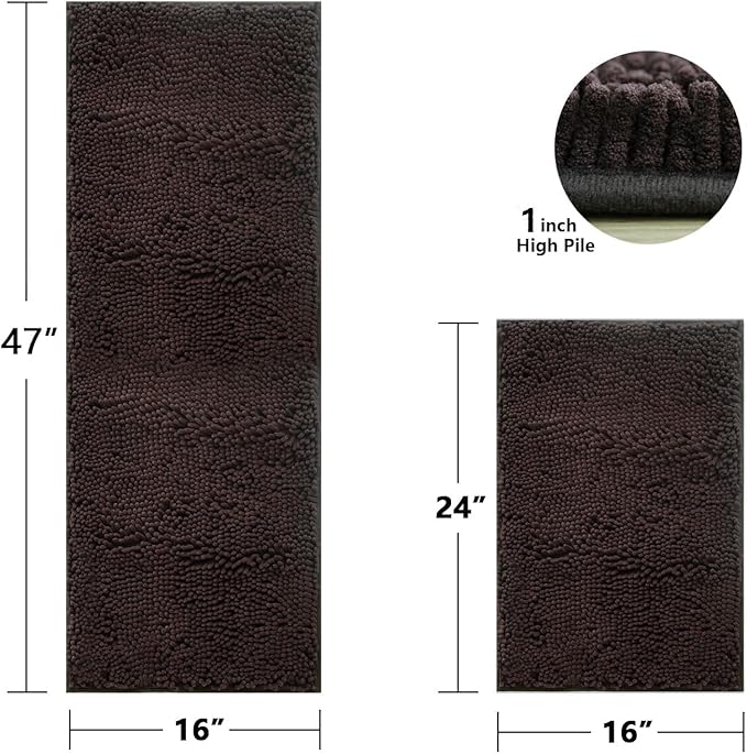 BOANKODU Bathroom Rugs Sets 2 Piece，47X16+16X24Inch，Absorbent Non-Slip Very Soft Chenille Mat,Machine Washable （Coffee）