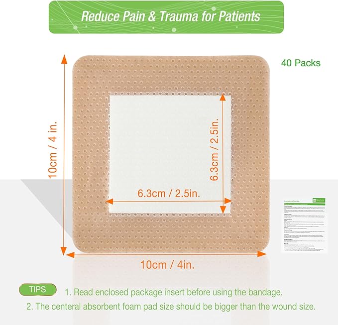 NeuHeils Silicone Foam Dressing with Gentle Border 4''x4'', 40 Pack - High Absorbency Waterproof Wound Bandage for Bed Sores, Leg Ulcers & Surgical Wounds