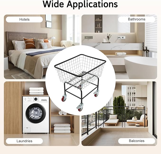 Heavy Duty Wire Laundry Cart with wheels, bushel steel wire laundry Hamper cart, Rolling Commercial Laundry Basket, Steel Frame with Chrome Finish, 26.77x21.5x26 inches