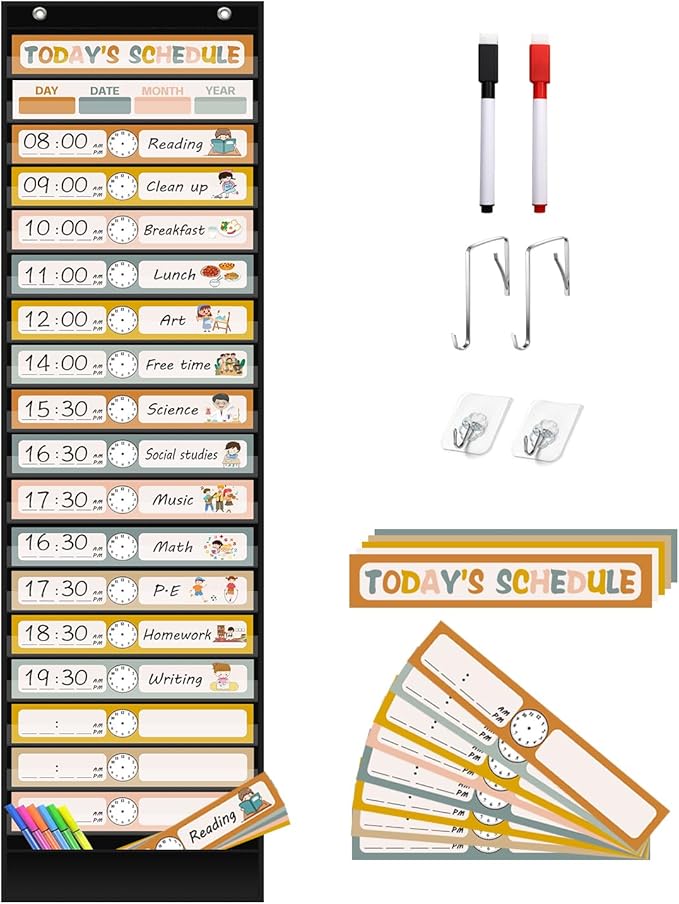 REGELETO Boho 18+1 Pockets Daily Schedule Pocket Chart, 30 pcs Double-Sided Reusable Cards, Scheduling Pocket Chart for Classroom Office Home School Activity(Black)