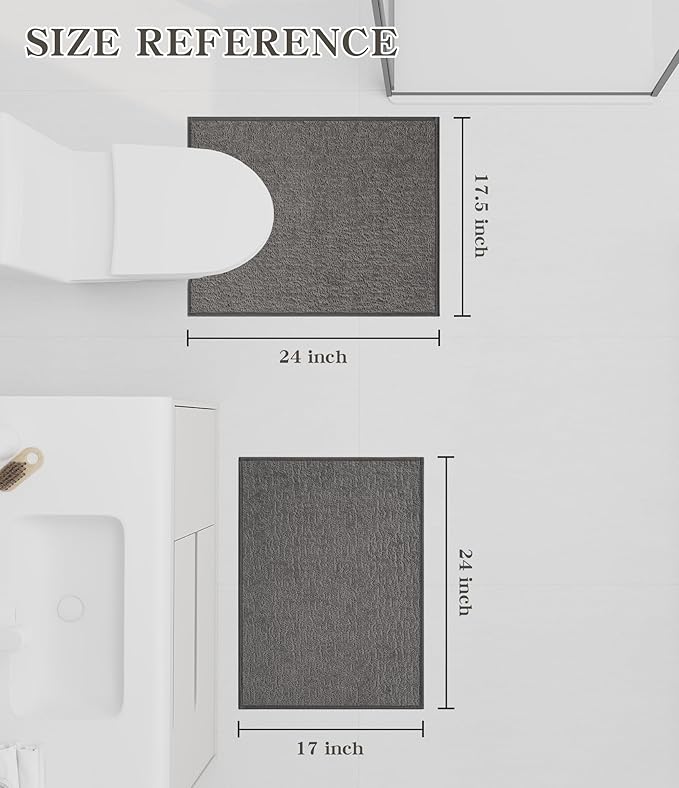 Chakme 2 Piece Bathroom Rug Sets, Ultra Thin Bath Mat Quick Dry, Absorbent Non Slip Machine Washable, Dark Grey, 17" x 24"
