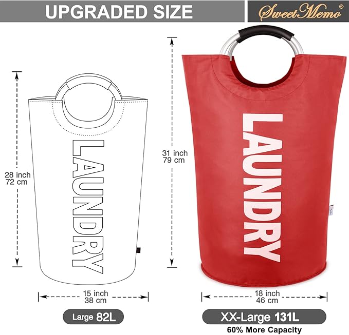 Large Laundry Basket Collapsible，Freestanding Clothes Hamper Bag with Handles – Tall Folding Dirty Laundry Bin，Sturdy Laundry Sorter for College Dorm，Laundry Room – 131L (Red)