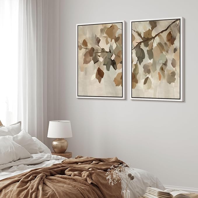 MUDECOR Framed Canvas Print Wall Art Set Abstract Leaf Branch Minimalist Nature-Inspired Beige and Brown Calm/Zen for Living Room, Bedroom, Office - 24"x36"x2 White
