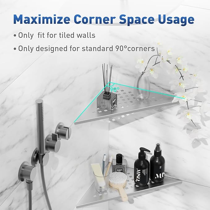 lives Corner Shower Shelf 10" Slot Design Bathroom Shelves for Tiled Wall, 304 Stainless Steel Recessed Organizer Corner Shelves for Inside Shower Decor, 2 Pack, Silver (Square)