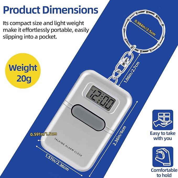 Talking Clock for The Blind and Visually Impaired - Easy-Use Talking Alarm Clock for Blind Elderly with Voice Announcement, LCD Display, Keychain & Portable Design