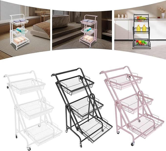 3 Tier Rolling Utility Cart with Wheels, Metal Rolling Foldable Storage Shelves, Adjustable Tilt Angle Storage Organizer for Living Rooms, Kitchens, Bathrooms (Pink)