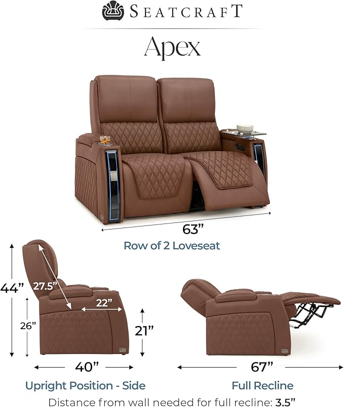 Seatcraft Apex Zero-Gravity CoolZero Italian Leather Home Theater Seating, Powered Headrest, Powered Lumbar, Powered Recline, Row of 2 Loveseat, Tobacco