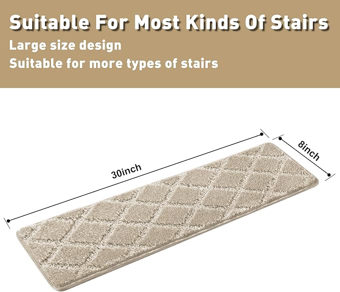 PURE ERA Carpet Stair Treads Tape Free Non Slip Indoor Stair Carpet Stair Protectors Pet-Friendly Non-Slip Skid Resistant Washable Reusable 8" x 30"(14 Pieces,Cream Gray Diamond Trellis)