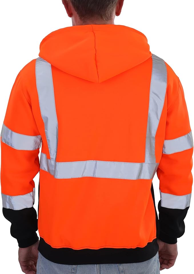 sesafety High Visibility Safety Sweatshirt for Men, Class 3 Reflective Zippered Hooded Sweatshirt, Hi-Vis Safety Hoodie with Black Bottom