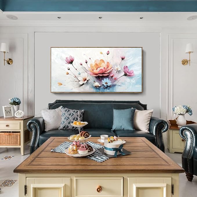 amatop Framed Floral Canvas Wall Art, Oversized Modern Abstract Daisy & Peony Botanical Print – Pink Blue Bloom Flower Pictures for Living Room, Bedroom, Dining Room & Entryway Wall Decor (58x29 Inch)