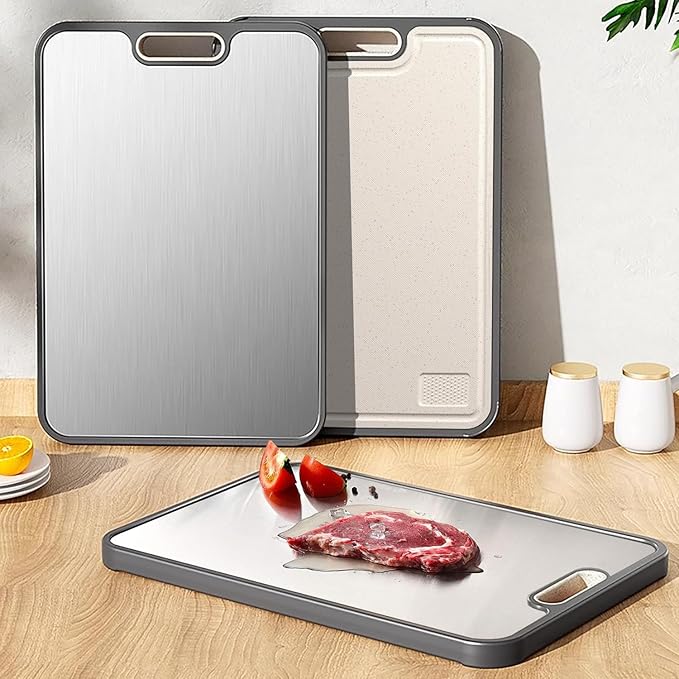 Stainless Steel Cutting Boards for Kitchen,Non Toxic Cutting Board Double sided, 2-in-1 Wheat Straw PP Kitchen Chopping Board for Meat and Fruit. Non-Slip,Easy to Clean,Dishwasher Safe (16x11 In)