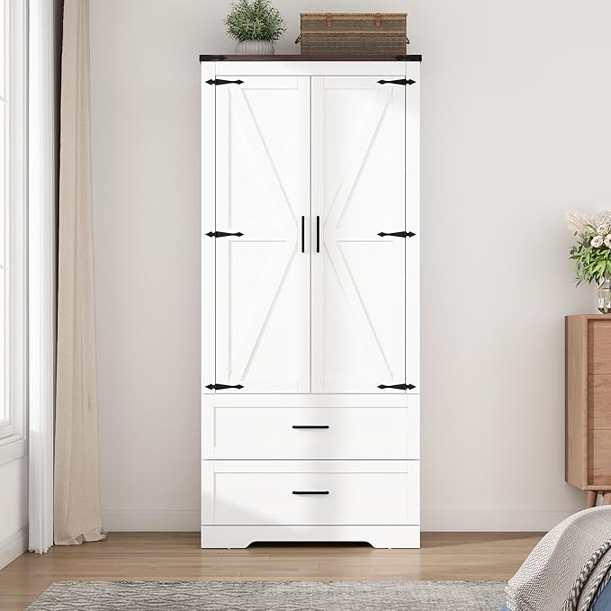2 Doors Wardrobe Armoire Closet with Doors and Drawers, Farmhouse Wooden Armoire Storage Cabinet with Shelves & Hanging Rod for Bedroom, White