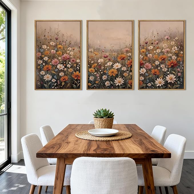 IARTTOP Extra Large Botanical Brown Framed Wall Art 24x36 Inch Set of 3 Vintage wildflower Art Prints Calming Nature Floral Landscape Wall Decor for Living Room Dining room Bedroom