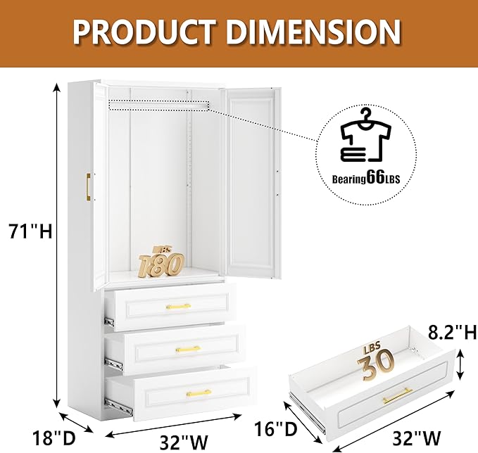 Metal Armoire Wardrobe Closet with Three Drawers, 71“ Tall Large Wardrobe Cabinet with Hanging Rod, Freestanding Wardrobe Cabinet with Doors and Shelves for Bedroom, White, Assemble Required